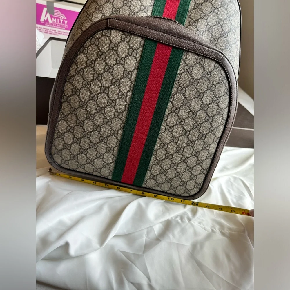 Gucci Beige GG Canvas Backpack with Brown Leather and Red/Green Web